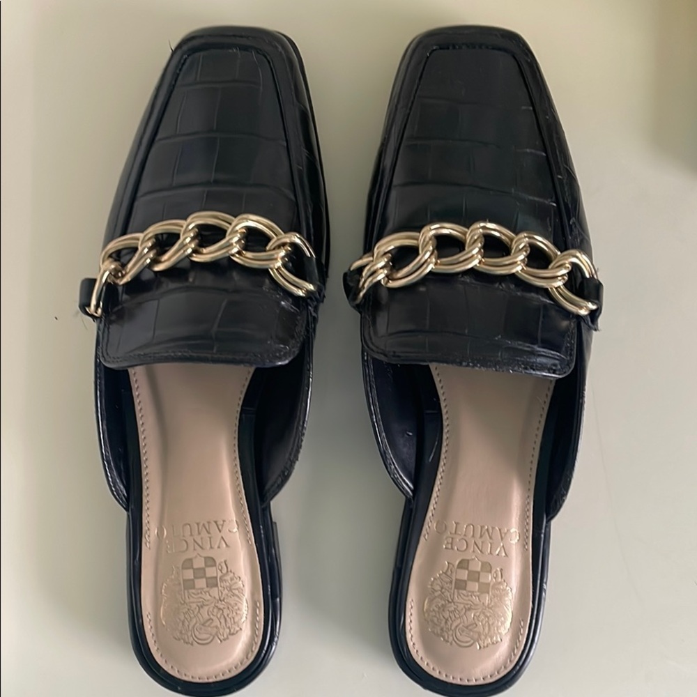 Vince Camuto Black and Gold Mules with Chain Detail